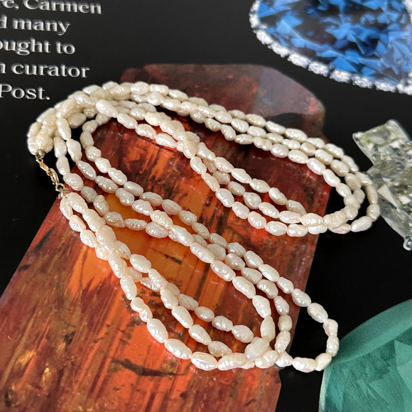 14K Yellow Gold Genuine Cream Pearl Triple Strand Multi Row Necklace 16" - Picture 10 of 10